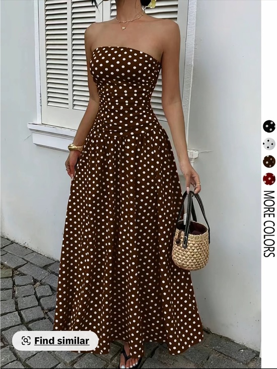 chic Fashion Dresses & Skirts - Elegant Strapless Brown Polka Dot Maxi Dress
